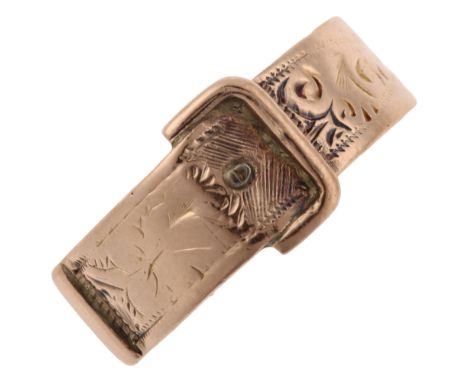 An early 20th century 9ct rose gold belt buckle band ring, with engraved floral decoration, maker's marks DLD, hallmarks Birm