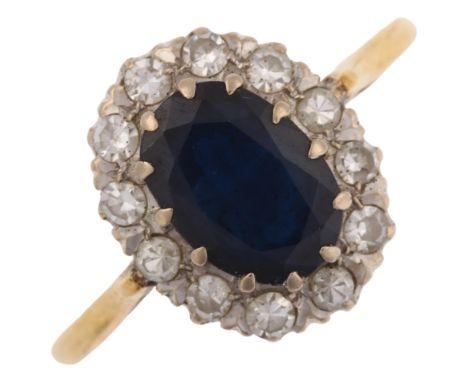 A mid-20th century 18ct gold sapphire and diamond cluster ring, set with oval mixed-cut sapphire and single-cut diamonds, tot