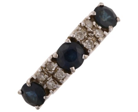 A 14ct gold sapphire and diamond half hoop ring, set with round-cut sapphires and single-cut diamonds, setting height 4.5mm, 