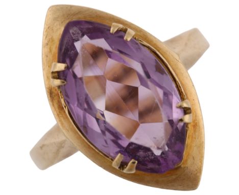 A mid-20th century 9ct gold amethyst dress ring, set with marquise-cut amethyst, hallmarks Birmingham 1965, setting height 20