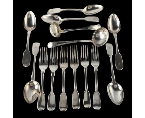 Various silver flatware, including Victorian dessert spoon, George III dessert forks, Irish ladle etc, 20.3oz totalLot sold a