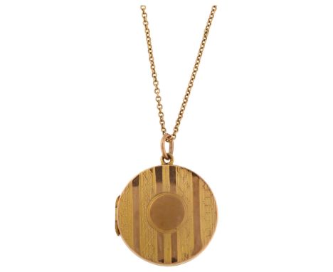 An Art Deco 9ct rose gold photo locket pendant necklace, with engine turned decoration and 9ct belcher link chain, maker's ma