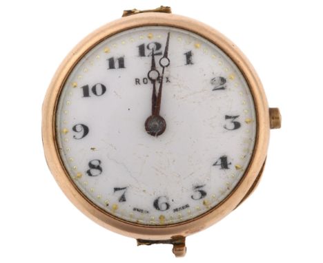 ROLEX - a First World War Period 9ct rose gold mechanical wristwatch head, white enamel dial with hand painted Arabic numeral