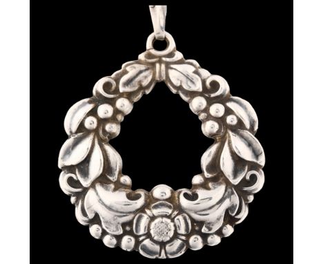 CARL M KOHR - an Art Nouveau Danish silver laurel wreath pendant necklace, on later silver foxtail link chain, pendant height