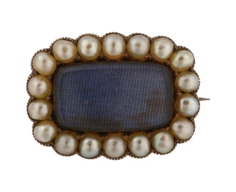 A Georgian split pearl mourning brooch, unmarked yellow metal closed-back settings with moire silk panel below convex bevel-e