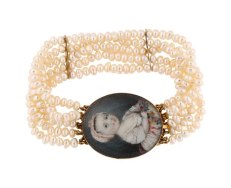 A Georgian portrait miniature watercolour on ivory panel bracelet, unmarked gold closed-back settings with multi-strand fresh