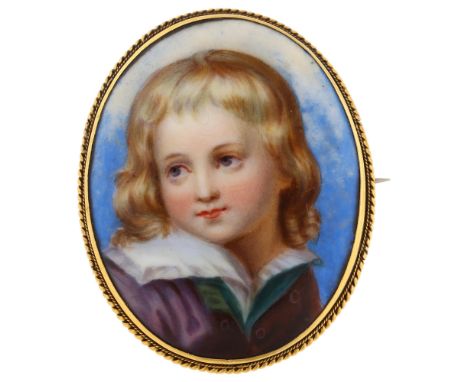 A 19th century miniature portrait brooch, hand painted watercolour on ceramic panel depicting portrait of a boy, in unmarked 