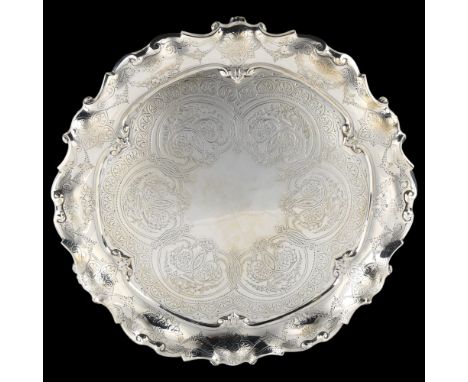 A large Victorian cast-silver/tray, allover engraved foliate and floral swag decoration, with scalloped and scrolled rim, by 