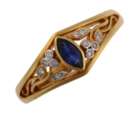 A Continental 18ct gold synthetic sapphire and diamond dress ring, set with marquise sapphire and modern round brilliant-cut 