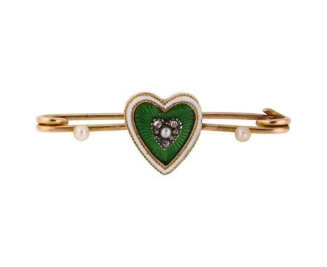 An Edwardian pearl green enamel and diamond sweetheart bar brooch, unmarked gold closed-back settings with guilloche enamel h