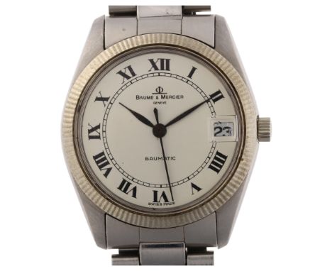 BAUME & MERCIER - a Vintage stainless steel Baumatic Micro Rotor automatic bracelet watch, ref. 1185, white dial with painted