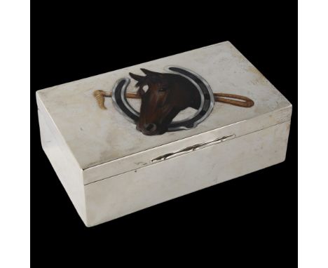 An Art Deco George V heavy gauge silver and enamel horse racing cigarette box, with hand painted horse-head horseshoe and rid