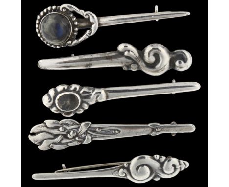 5 Art Nouveau Danish silver stone set brooches, largest length 63.8mm, 20.6g total (5)No damage or repairs, only light surfac