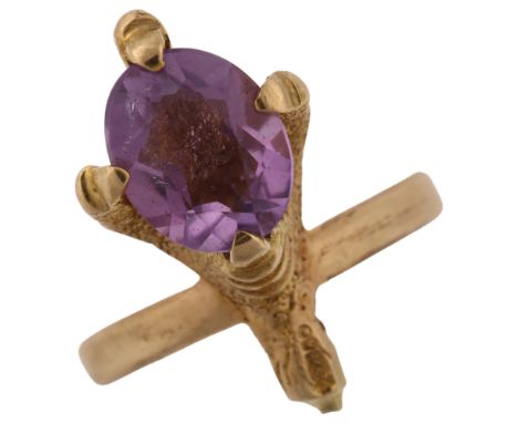 A mid-20th century 9ct gold amethyst novelty bird claw dress ring, setting height 21.4mm, size M, 4.7gRing has been re-purpos