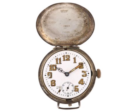 ROLEX - a First World War Period silver Officer's Trench style full hunter mechanical wristwatch head, circa 1915, white enam