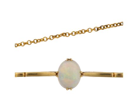 A 15ct gold opal bar brooch, set with oval cabochon opal, opal measures: 8.28 x 6.80 x 4.75mm, brooch length 66.6mm, 4.3gNo d