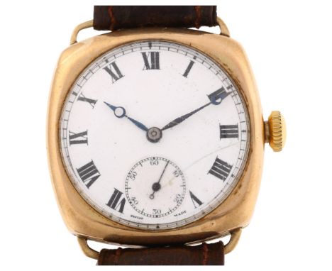 ZENITH - an early 20th century 9ct rose gold cushion cased mechanical wristwatch, circa 1925, white enamel dial with Roman nu