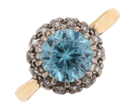 An 18ct gold blue zircon and diamond cluster ring, set with round-cut zircon and single-cut diamonds, setting height 10.7mm, 