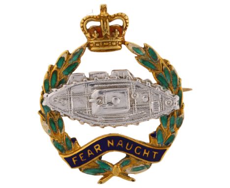 A British 9ct gold and enamel Royal Tank Regiment (RTR) badge brooch, with motto "Fear Naught", the oldest tank unit in the w