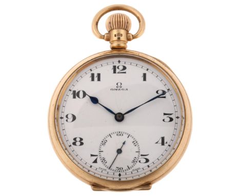 OMEGA - an early 20th century 9ct rose gold open-face keyless pocket watch, white enamel dial with hand painted Arabic numera