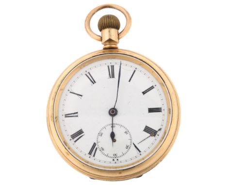 An early 20th century gold plated open-face keyless pocket watch, by C A Westley of Wednesbury, white enamel dial with Roman 