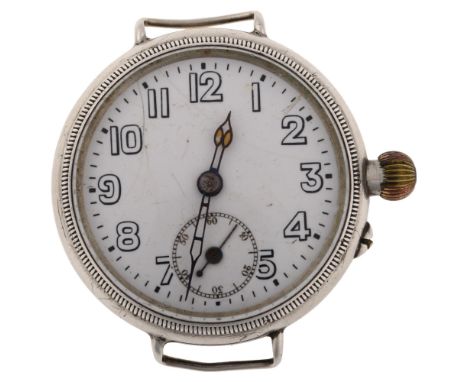 An early 20th century silver Borgel Officer's trench style mechanical wristwatch head, white enamel dial with stencil Arabic 