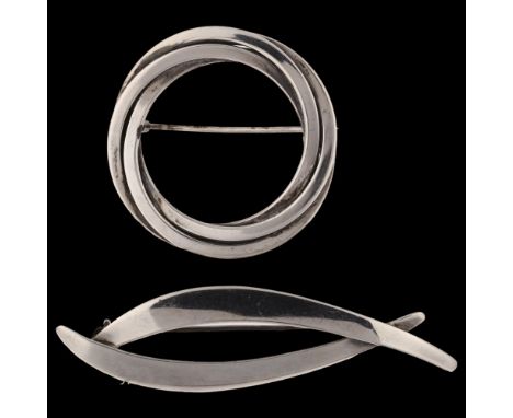 HERMANN SIERSBOL - 2 Danish modernist sterling silver brooches, largest length 59.3mm, 12.7g total (2)No damage or repairs, o