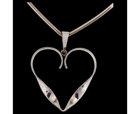 S V GLYMERRS - a Danish modernist sterling silver openwork heart pendant necklace, on Norwegian silver neck torque by David A