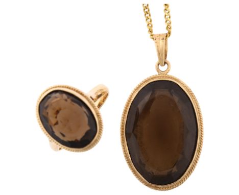 A 14ct gold smoky quartz jewellery set, comprising pendant necklace on 9ct chain and ring, pendant height 40.1mm, chain lengt