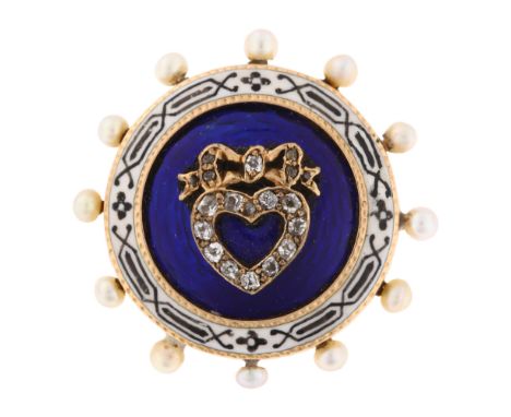 A fine Victorian pearl diamond and enamel sweetheart brooch, circa 1880, circular form with central old-cut diamond set heart