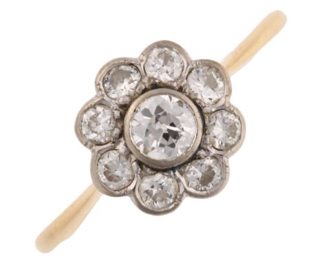 A mid-20th century diamond cluster flowerhead ring, unmarked gold settings, set with modern round brilliant-cut diamonds, tot