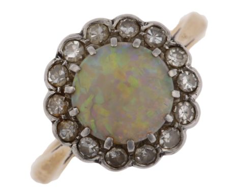 A late 20th century 18ct gold synthetic opal and diamond cluster flowerhead ring, set with round cabochon opal and single-cut