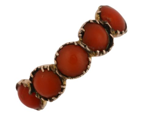 A Georgian five stone coral dress ring, unmarked rose gold closed-back settings, setting height 5.4mm, size K, 1.1gSetting ba