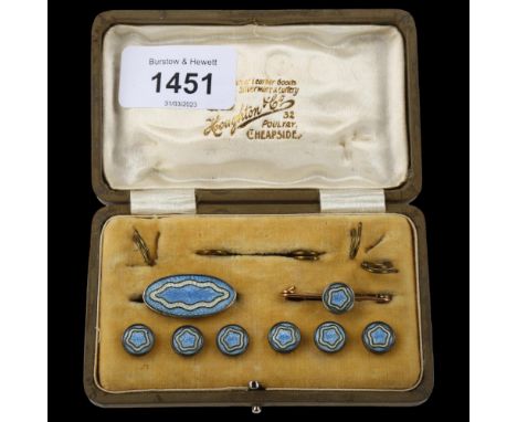 An Art Deco cased enamel dress set, comprising brooch, tie pin and set of 6 buttons, brooch length 28.5mmNo damage or repair,