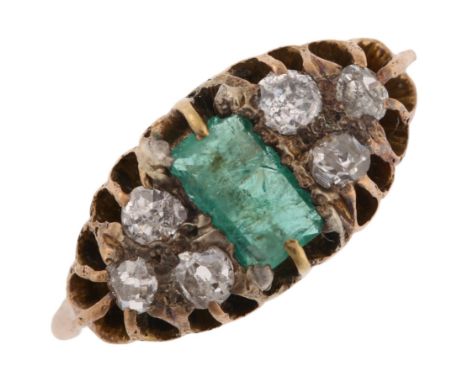 An Antique emerald and diamond half hoop ring, unmarked yellow metal settings with rectangular step-cut emerald and old-cut d