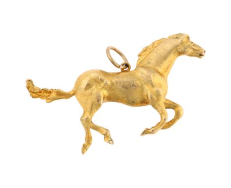 A late 20th century 9ct gold galloping horse pendant, realistically modelled, maker's marks TO'D, hallmarks London 1975, pend