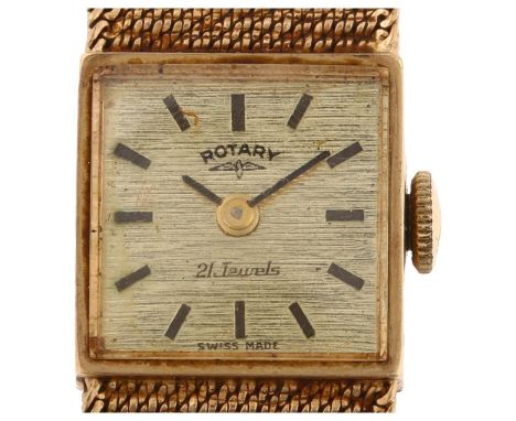 ROTARY - a lady's 9ct gold mechanical bracelet watch, circa 1970, gilded textured dial with baton hour markers and 9ct textur