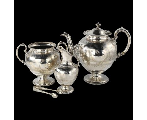 A Victorian silver 3-piece tea set, comprising teapot, 2 handled-sugar bowl and cream jug, ovoid form with engraved floral de