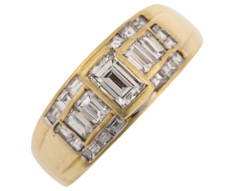 An 18ct gold diamond band ring, set with rectangular and square step-cut diamonds, total diamond content approx 1.5ct, princi