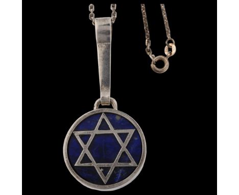 F R BINDER & CO - a Danish modernist lapis lazuli Star of David pendant necklace, unmarked silver settings on silver cable li