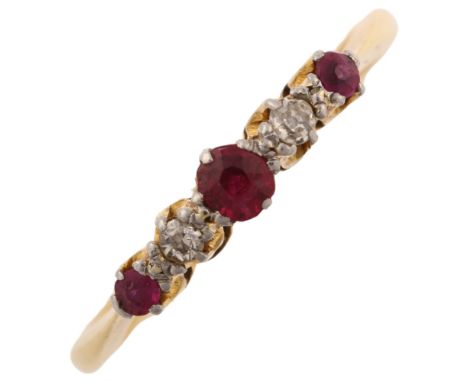 An early 20th century 18ct gold graduated five stone ruby and diamond half hoop ring, setting height 3.5mm, size O, 2.5gNo da