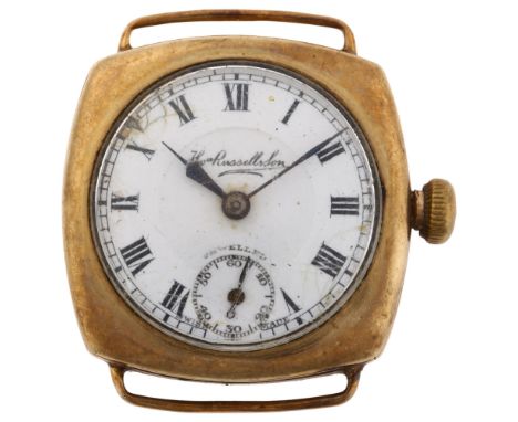 An early 20th century 9ct gold Officer's trench style cushion cased mechanical wristwatch head, by Thomas Russell & Son, whit