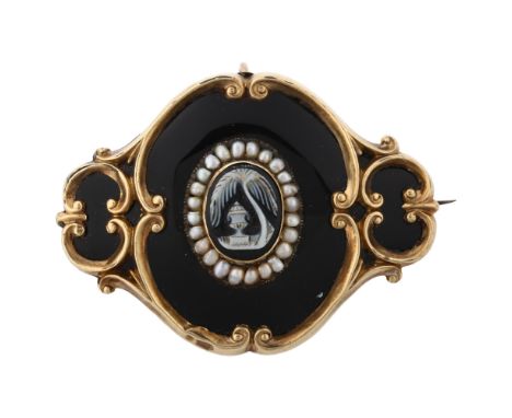 A Victorian cameo split pearl and black enamel mourning brooch, unmarked gold foliate settings with central relief panel depi
