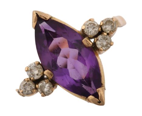 A 14ct gold amethyst and diamond dress ring, set with marquise amethyst and modern round brilliant-cut diamonds, setting heig