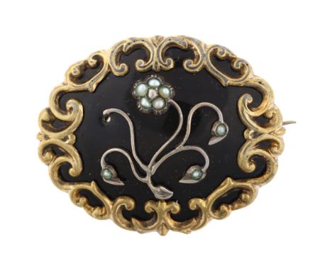 A Victorian split pearl and black enamel floral mourning brooch, unmarked gilt-metal settings with open panel back, brooch le