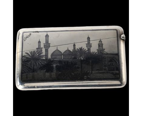 A good quality Iraqi silver and niello Royal Army Medical Corps card case, with intricate landscape view of a mosque, signed,