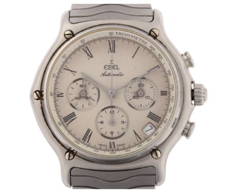 EBEL - a stainless steel automatic chronograph bracelet watch, ref. 646, silvered dial with Roman numeral hour markers, 3 sub