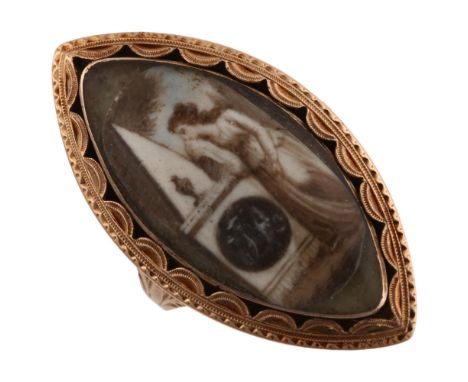 A Georgian navette miniature portrait mourning ring, unmarked rose gold closed-back settings with miniature sepia watercolour