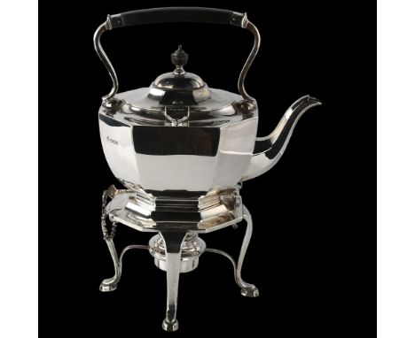 A George V silver spirit kettle on burner stand, plain octagonal form with silver plated burner insert, by Jay, Richard Atten