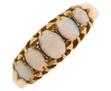 An early 20th century 18ct gold graduated five stone opal half hoop ring, set with oval cabochon opal, indistinct hallmarks, 